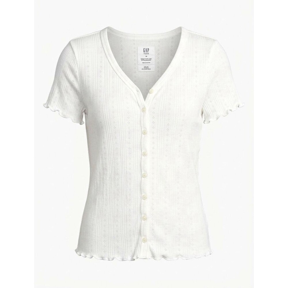 TEEN 10  Pointelle Button up Top Lettuce Edge V-Neck coquette cottagecore